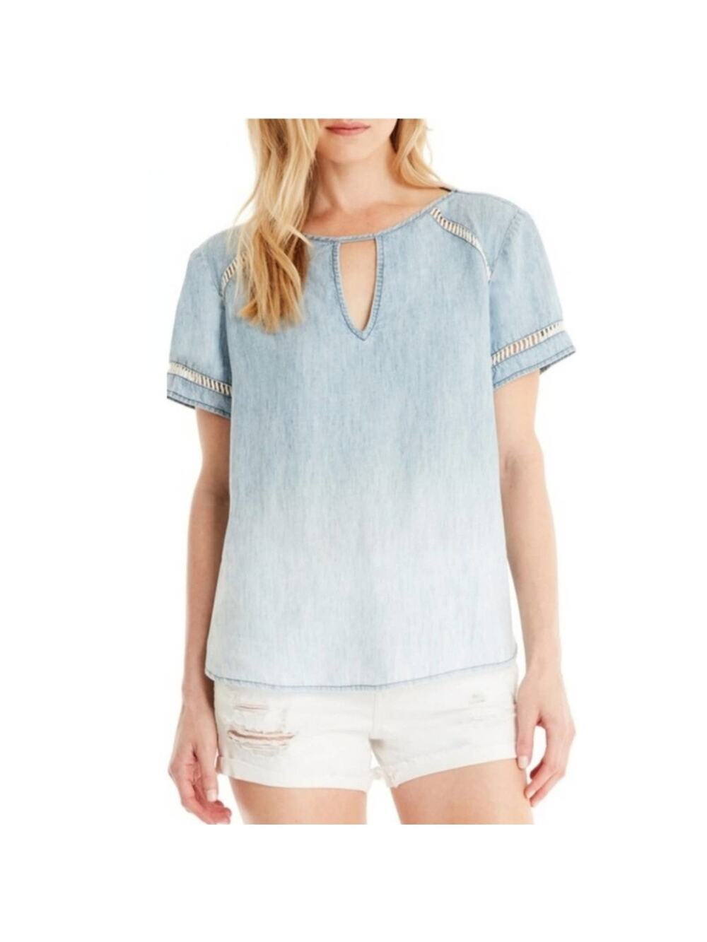 Michael Stars Blouse XS Blue Chambray Embroidered Inset Boho Casual - Picture 6 of 6